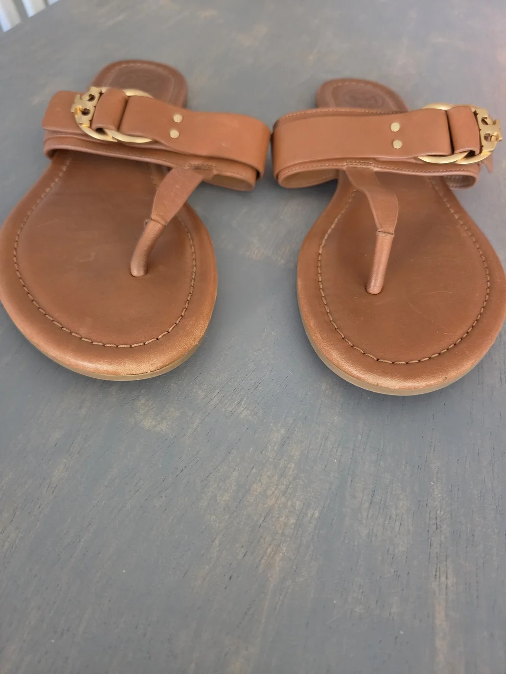 Tory Burch Brown Leather Thong Sandals with Gold Buckle
